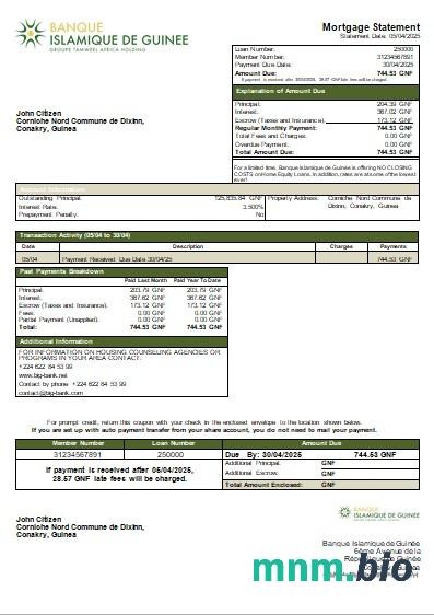 Gwinea Bank Islamski Gwinei wyciąg z kredytu hipotecznego szablon Word i PDF